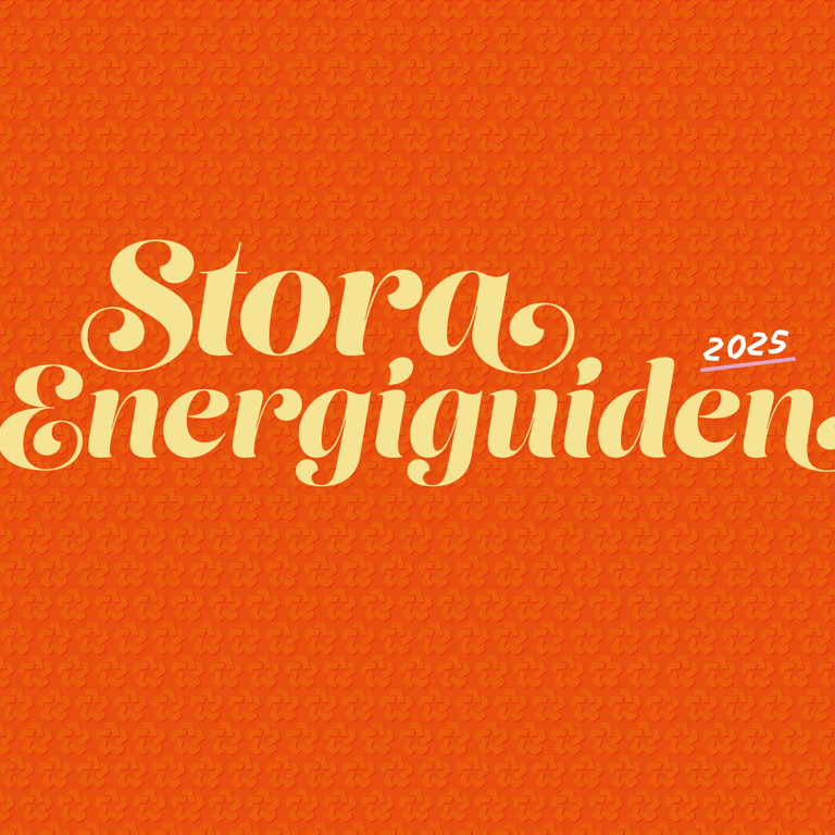 Text Stora Energiguiden 2025 i gult på en orange bakgrund